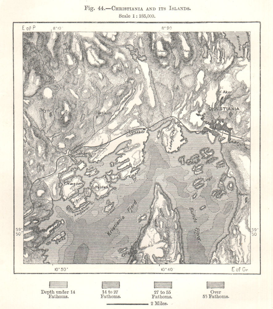 Christiania (Oslo) and its Islands. Norway. Sketch map 1885 old antique